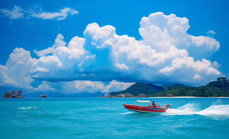 蓝天白云下海滩游艇快速行驶,高清,摄影图,摄影图片,图片大全,摄影图免费下载